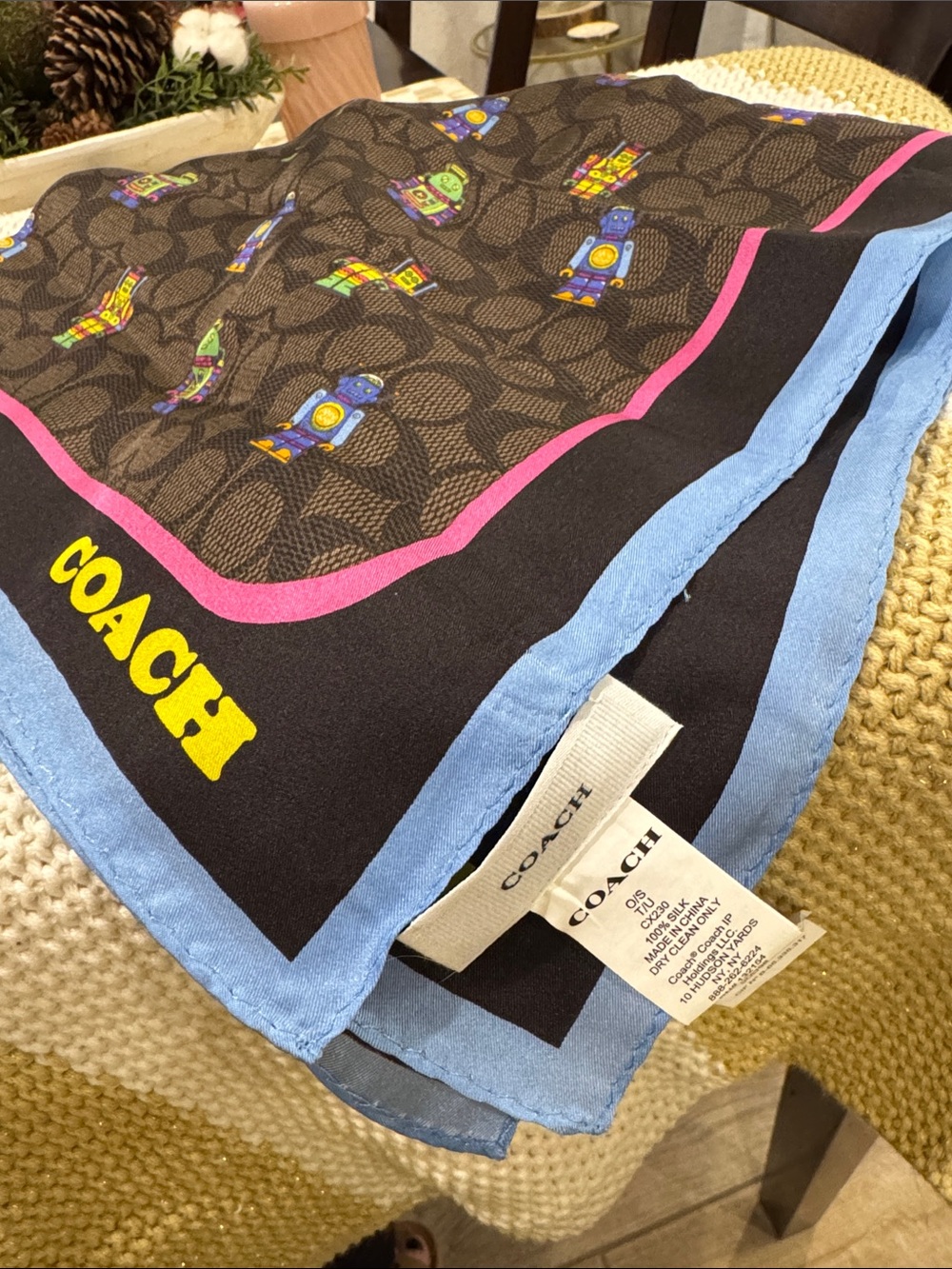 Coach Silk Logo Scarf in Brown with Blue Border and Pink Trim
